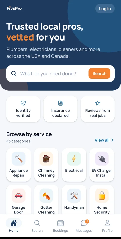 FivsPro app home screen — search what you need done