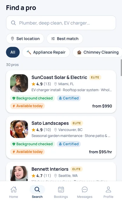 FivsPro app — search results showing verified, background-checked pros